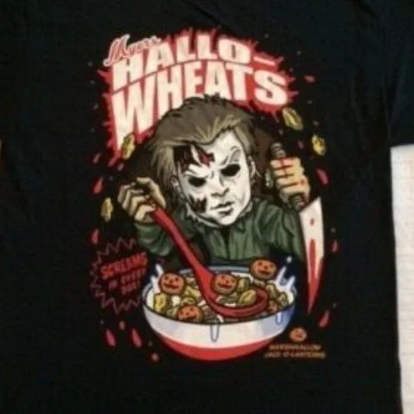 Halloween Hallo-Wheats Cereal Parody Graphic Tee Funny Michael Myers Fan Shirt - Picture 2 of 5
